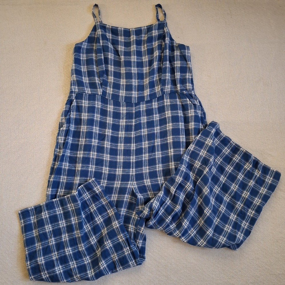 old navy linen blend square neck cami jumpsuit 3x blue plaid coastal minimal